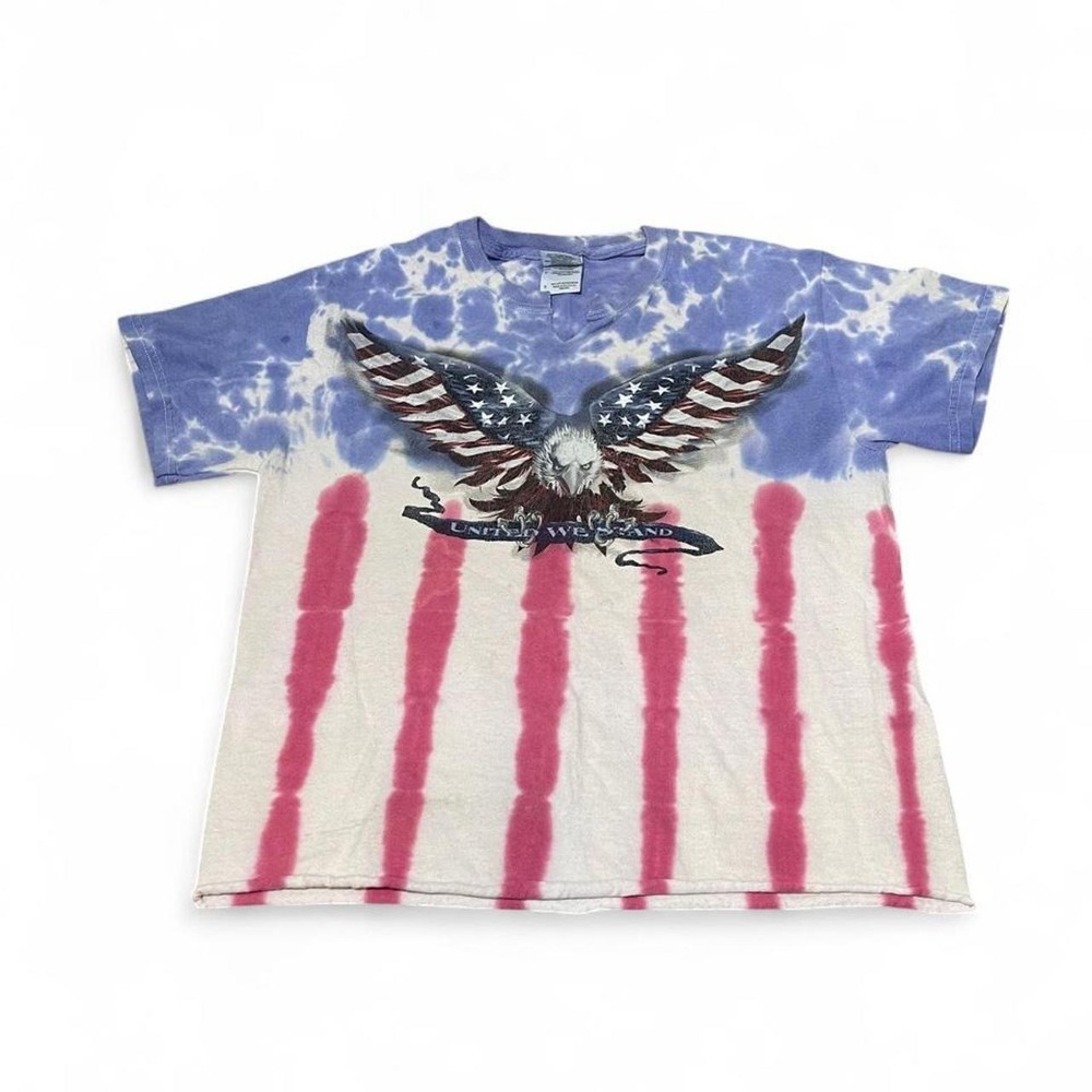 Gildan American Eagle tie-dye tee w cut neckline featuring American flag pattern